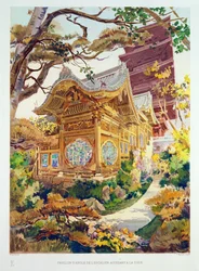 Japanischer Turm und Chinesische Pagode im Königlichen Park von Laeken, Belgien, aus 